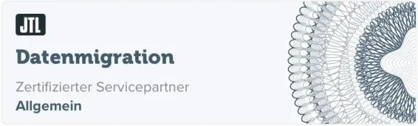 Zertifizierte JTL Datenmigration Agentur Ein Banner in deutscher Sprache mit dem JTL-Logo in der oberen linken Ecke und dem Text „Datenmigration, Zertifizierter Servicepartner, Allgemein“ neben einem kreisförmigen, geometrischen Design auf der rechten Seite. Der Hintergrund ist hellgrau und verdeutlicht, wie die JTL-Agentur Ihre E-Commerce-Lösungen erfolgreich gestalten kann.