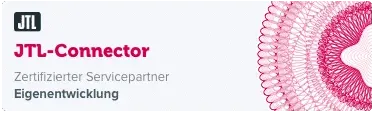 Zertifizierte JTL Eigenentwicklung Connector Agentur Bild eines Banners mit dem JTL-Logo und dem Text „JTL-Connector“ in fettem Rot. Darunter steht „Zertifizierter Servicepartner“ und „Eigenentwicklung“ in grauer Schrift. Auf der rechten Seite befindet sich ein detailliertes, kompliziertes rot-weißes Kreismuster, das unsere vertrauenswürdige JTL-Agentur für erfolgreiche E-Commerce-Projekte hervorhebt.