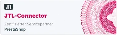 Zertifizierte JTL PrestaShop Connector Agentur Das Bild zeigt eine Werbung für JTL-Connector, eine vertrauenswürdige JTL-Agentur. In der oberen linken Ecke ist das JTL-Logo zu sehen, während in der Mitte „JTL-Connector Zertifizierter Servicepartner PrestaShop“ steht. Rechts ist ein dekoratives rosa geometrisches Muster zu sehen.