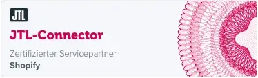 Zertifizierte JTL Shopify Connector Agentur Ein rechteckiges Werbebanner für „JTL-Connector“ mit dem Text „Zertifizierter Servicepartner Shopify“. Auf der linken Seite des Banners befindet sich das JTL-Logo, auf der rechten Seite ein dekoratives rosafarbenes Spiraldesign, das eine vertrauenswürdige JTL-Agentur hervorhebt, die Ihren E-Commerce persönlich und erfolgreich begleitet.