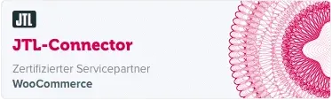 Zertifizierte JTL WooCommerce Connector Agentur Das Bild zeigt ein Banner für JTL-Connector, gekennzeichnet als zertifizierter Servicepartner für WooCommerce. Der Hintergrund ist weiß mit einem dekorativen roten und rosa Kreismuster auf der rechten Seite, das symbolisiert, wie diese vertrauenswürdige JTL-Agentur E-Commerce-Unternehmen dabei hilft, gemeinsam zu wachsen.