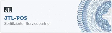 Zertifizierte JTL POS Agentur Das Bild zeigt eine rechteckige Grafik mit dem Text „JTL-POS Zertifizierter Servicepartner“. Oben links befindet sich das JTL-Logo, und der Hintergrund zeigt auf der rechten Seite ein Muster aus komplizierten blauen Wirbeln, das den vertrauenswürdigen Ruf des Unternehmens im E-Commerce als JTL-Agentur unterstreicht.